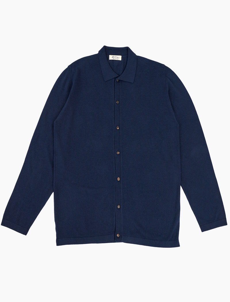 Dark Blue Cotton, Cashmere & Silk Long Sleeve Knit Cardigan Polo