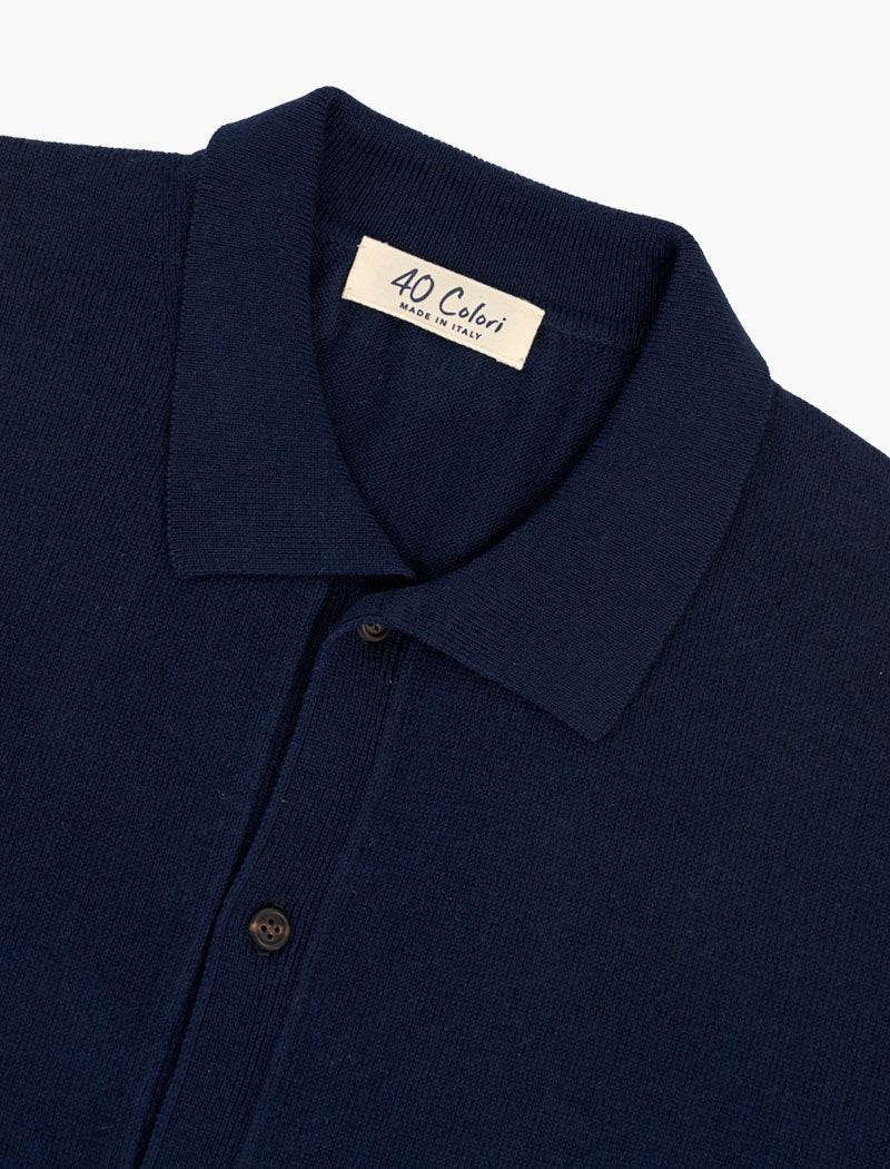 Dark Blue Cotton, Cashmere & Silk Long Sleeve Knit Cardigan Polo