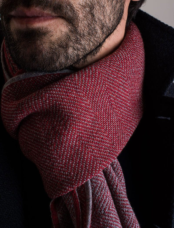 Red & Light Grey Reversible Herringbone 100% Wool Scarf - 40