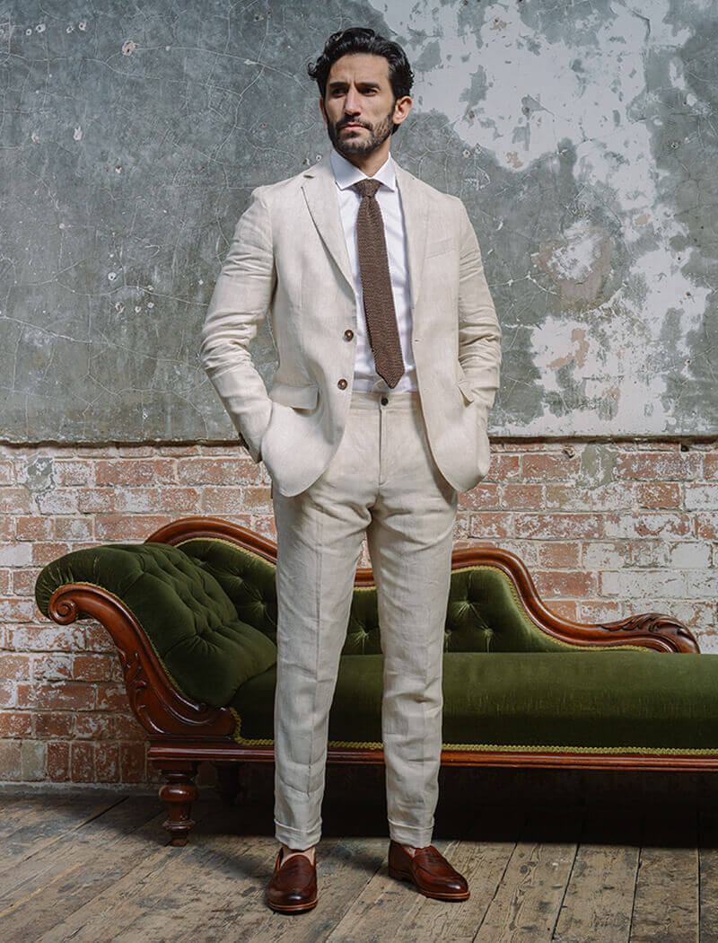 Men's Light Beige Herringbone Wool & Cashmere Blazer - 40 Colori