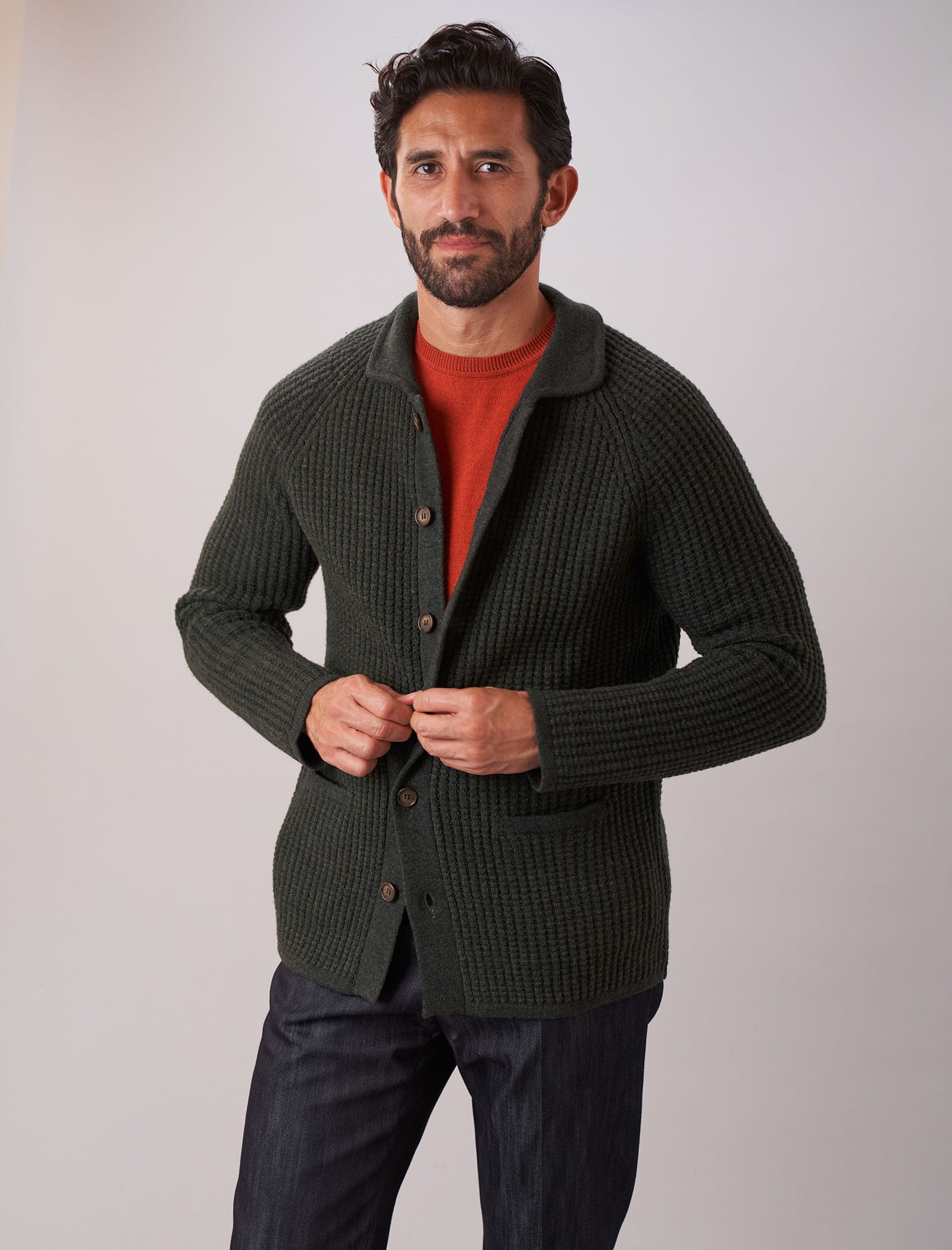 Olive Green Ribbed Shawl Neck Wool & Cashmere Cardigan - 40 Colori